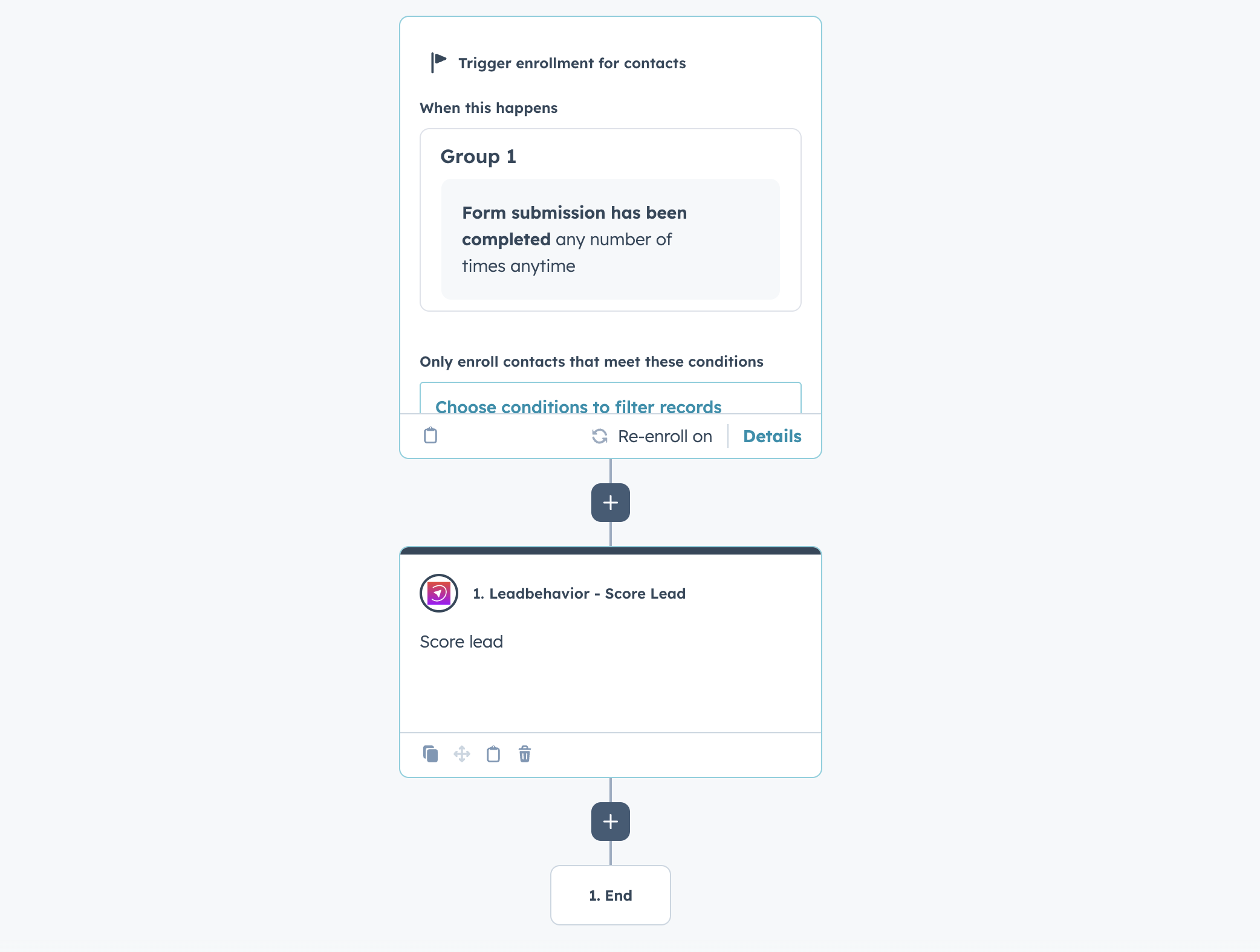 HubSpot workflow setup showing Leadbehavior Score Lead action